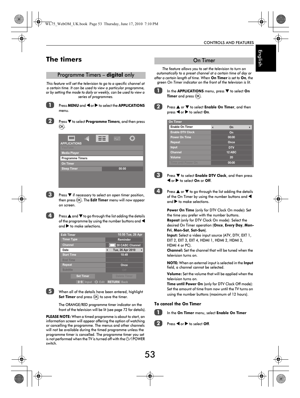 The timers, Programme timers – digital only, On timer | Toshiba RV753 User Manual | Page 53 / 78