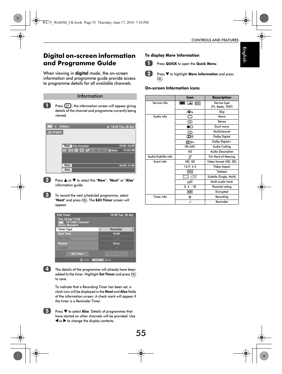 Digital on-screen information and programme guide, Information | Toshiba RV753 User Manual | Page 55 / 78