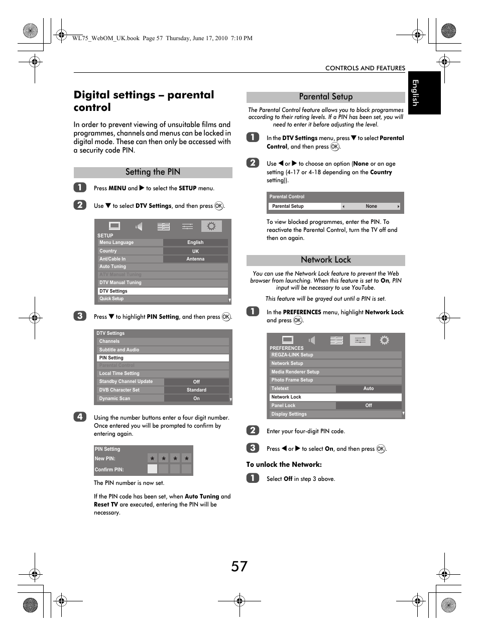 Digital settings – parental control, Setting the pin, Parental setup network lock | Toshiba RV753 User Manual | Page 57 / 78