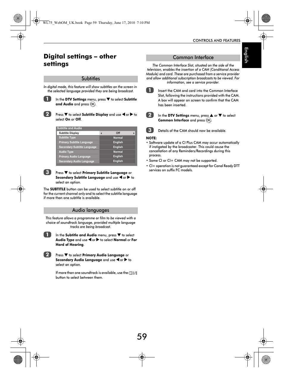 Digital settings – other settings, Subtitles audio languages, Common interface | Toshiba RV753 User Manual | Page 59 / 78