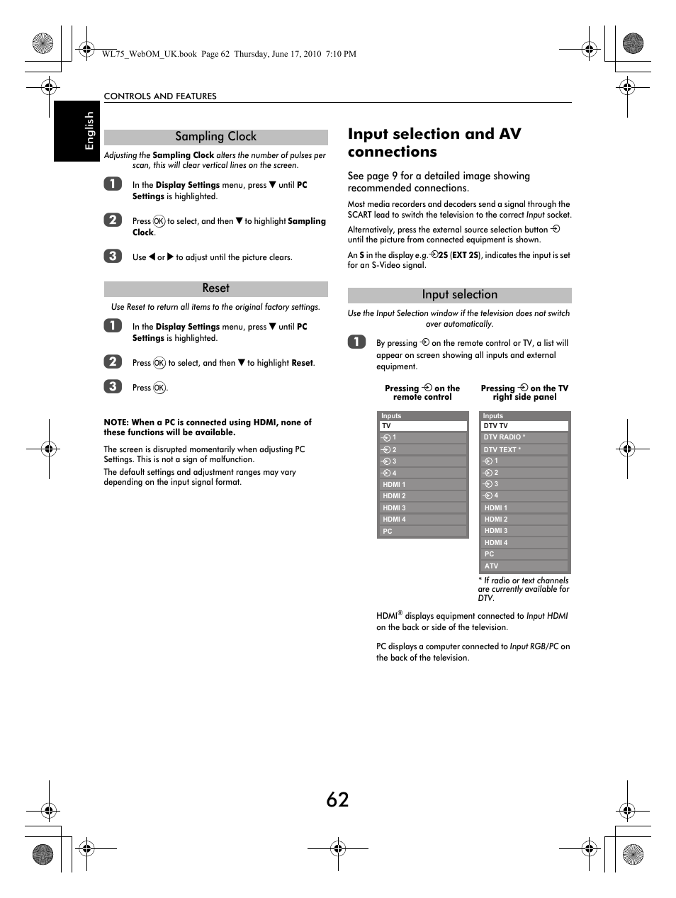 Input selection and av connections, Sampling clock reset input selection | Toshiba RV753 User Manual | Page 62 / 78