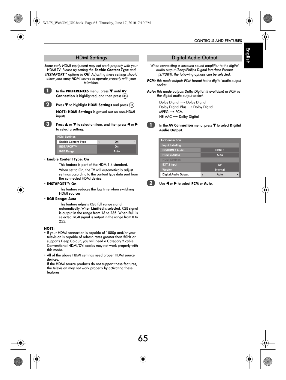 Hdmi settings, Digital audio output | Toshiba RV753 User Manual | Page 65 / 78