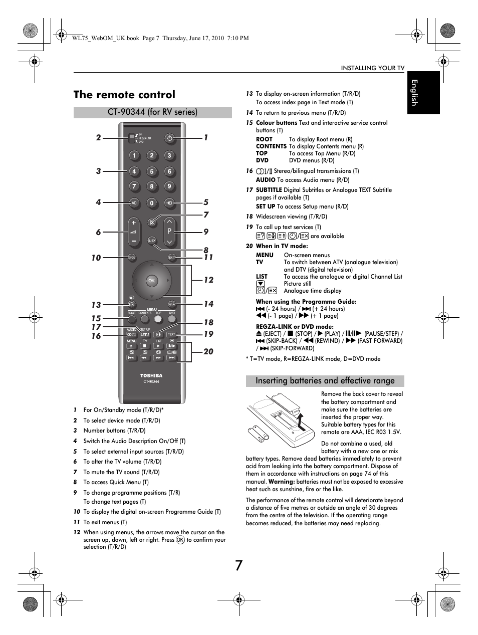 The remote control, Inserting batteries and effective range | Toshiba RV753 User Manual | Page 7 / 78