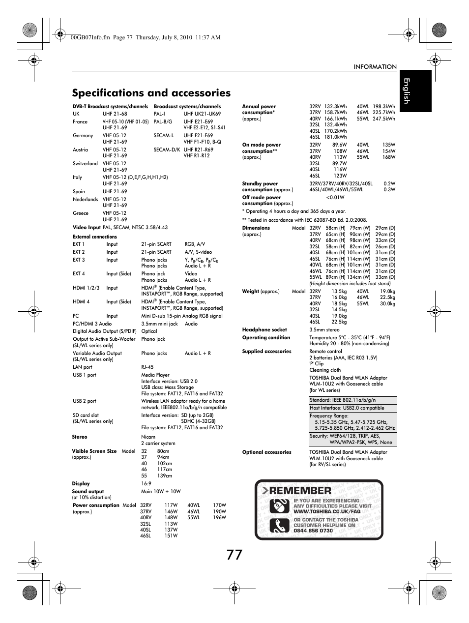 Specifications and accessories, En g lish | Toshiba RV753 User Manual | Page 77 / 78