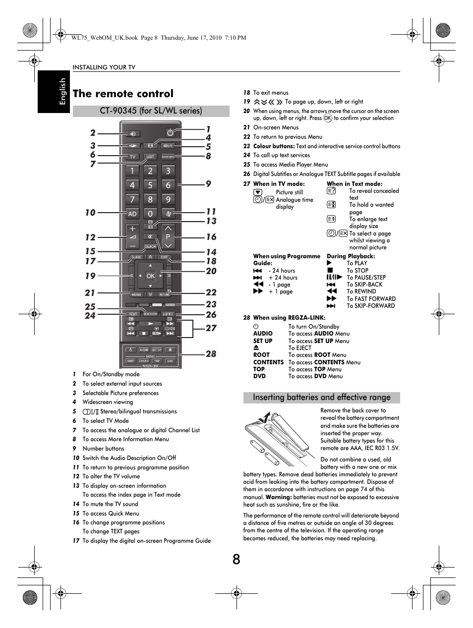 The remote control, Inserting batteries and effective range | Toshiba RV753 User Manual | Page 8 / 78