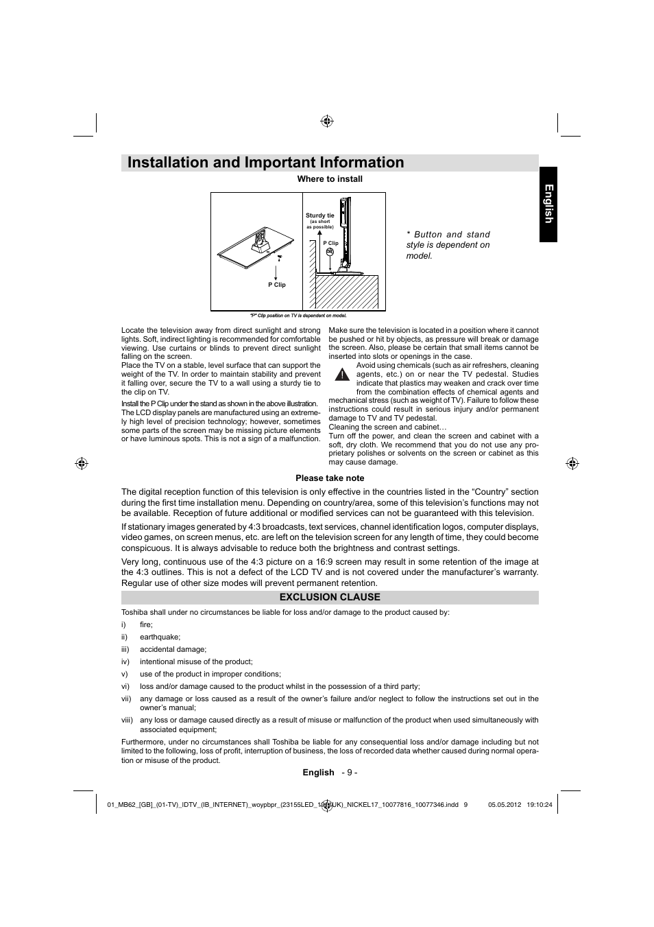 Installation and important information, English | Toshiba DL934 User Manual | Page 10 / 59