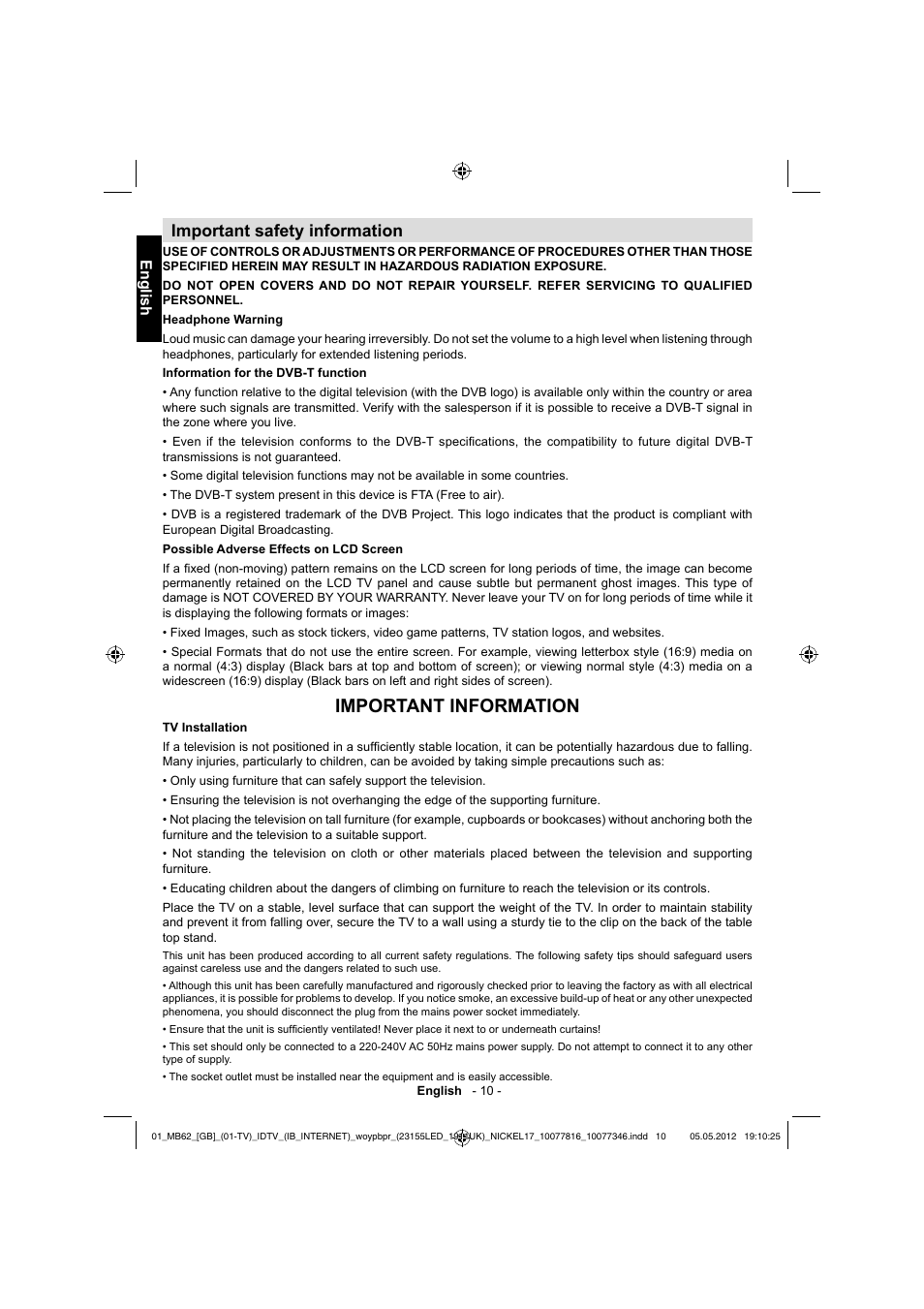 Important information, Important safety information, English | Toshiba DL934 User Manual | Page 11 / 59