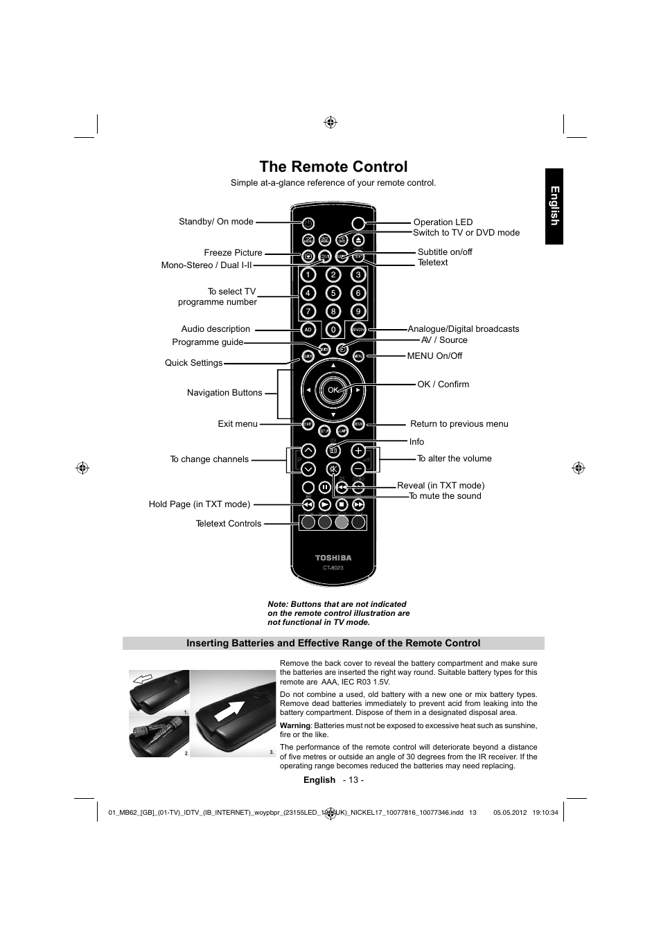 The remote control, English | Toshiba DL934 User Manual | Page 14 / 59