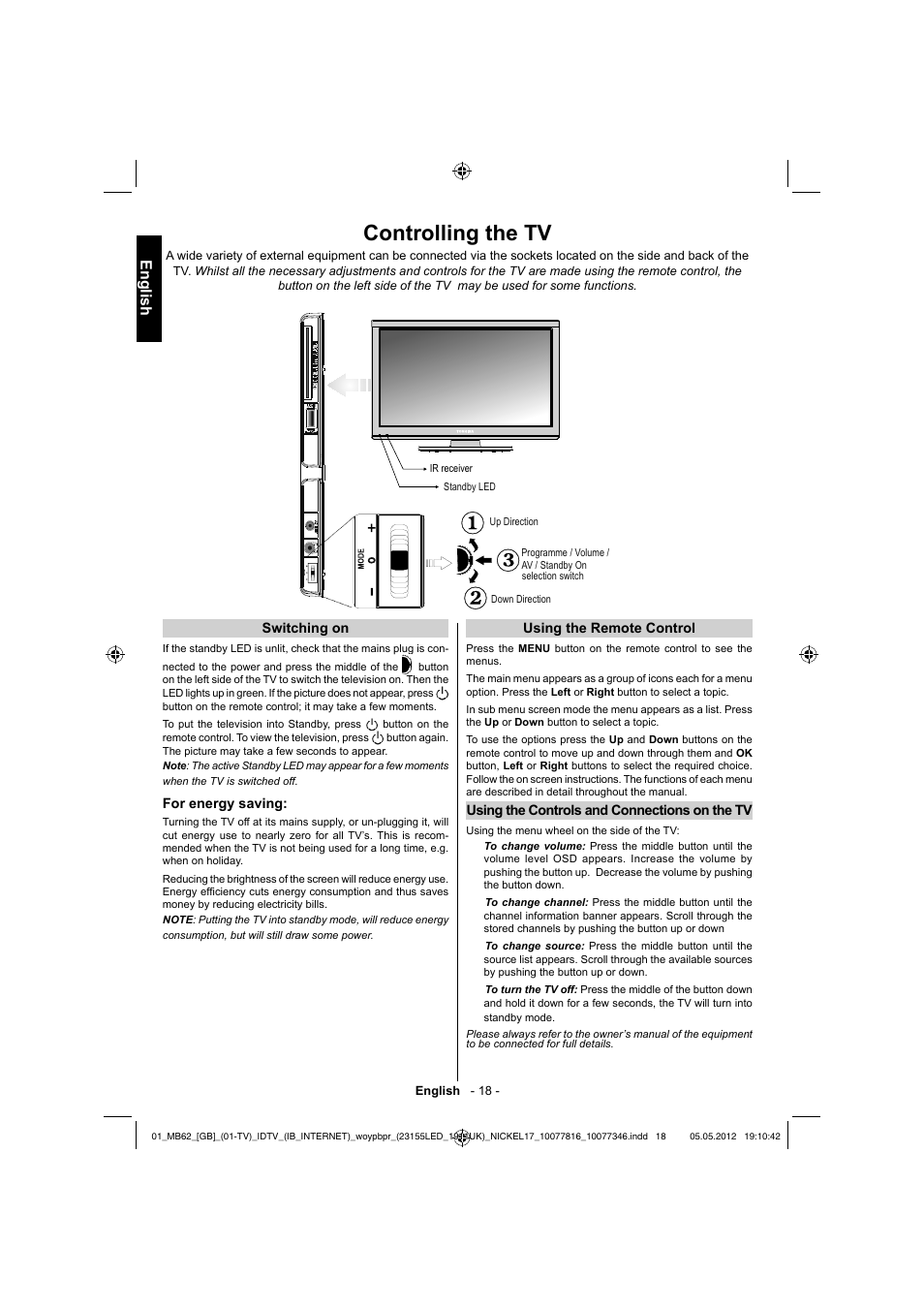 Controlling the tv, English | Toshiba DL934 User Manual | Page 19 / 59