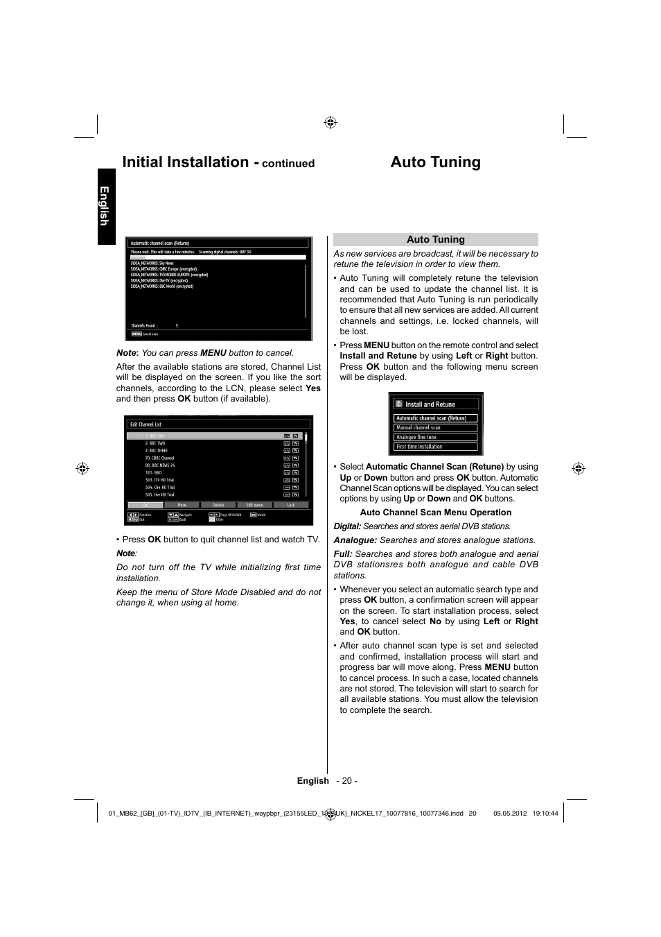 Auto tuning initial installation | Toshiba DL934 User Manual | Page 21 / 59