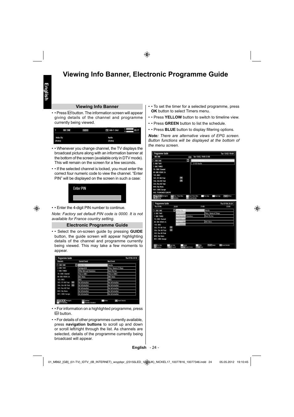 Viewing info banner, electronic programme guide, English | Toshiba DL934 User Manual | Page 25 / 59