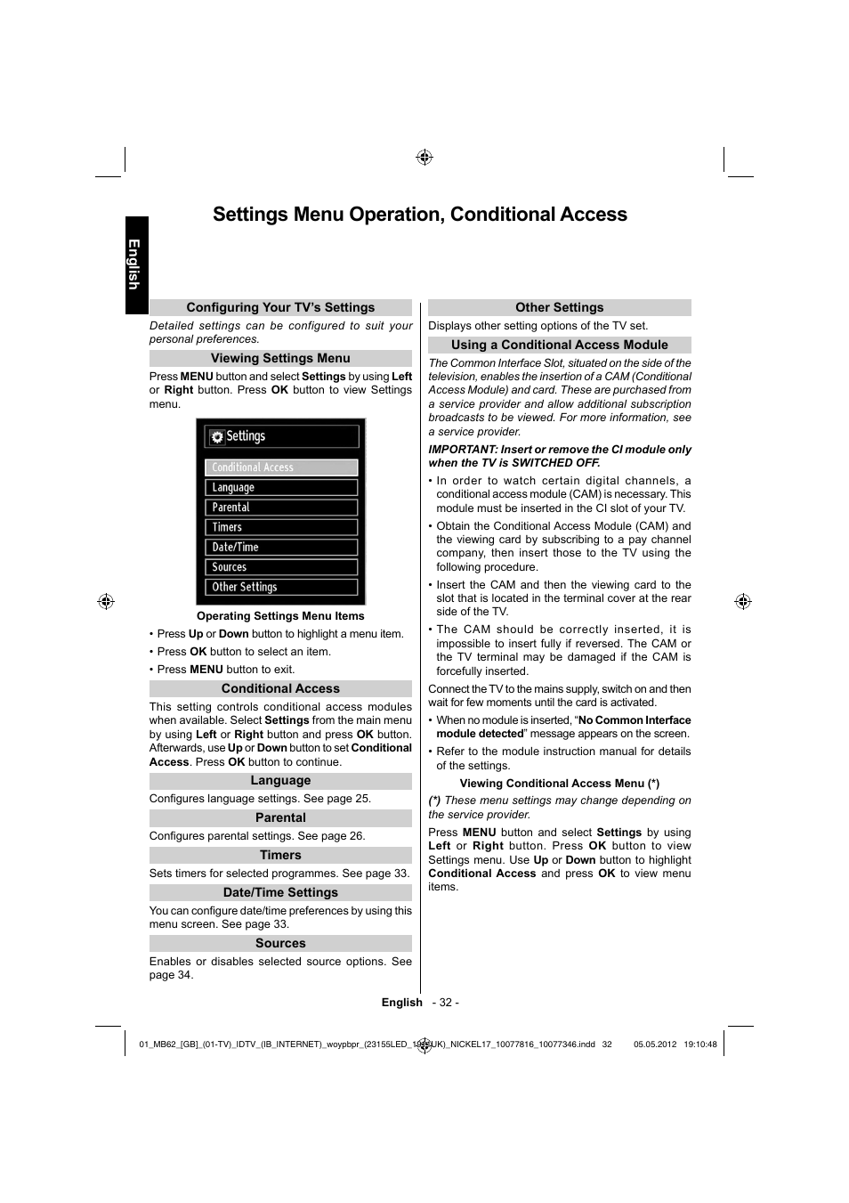 Settings menu operation, conditional access, English | Toshiba DL934 User Manual | Page 33 / 59