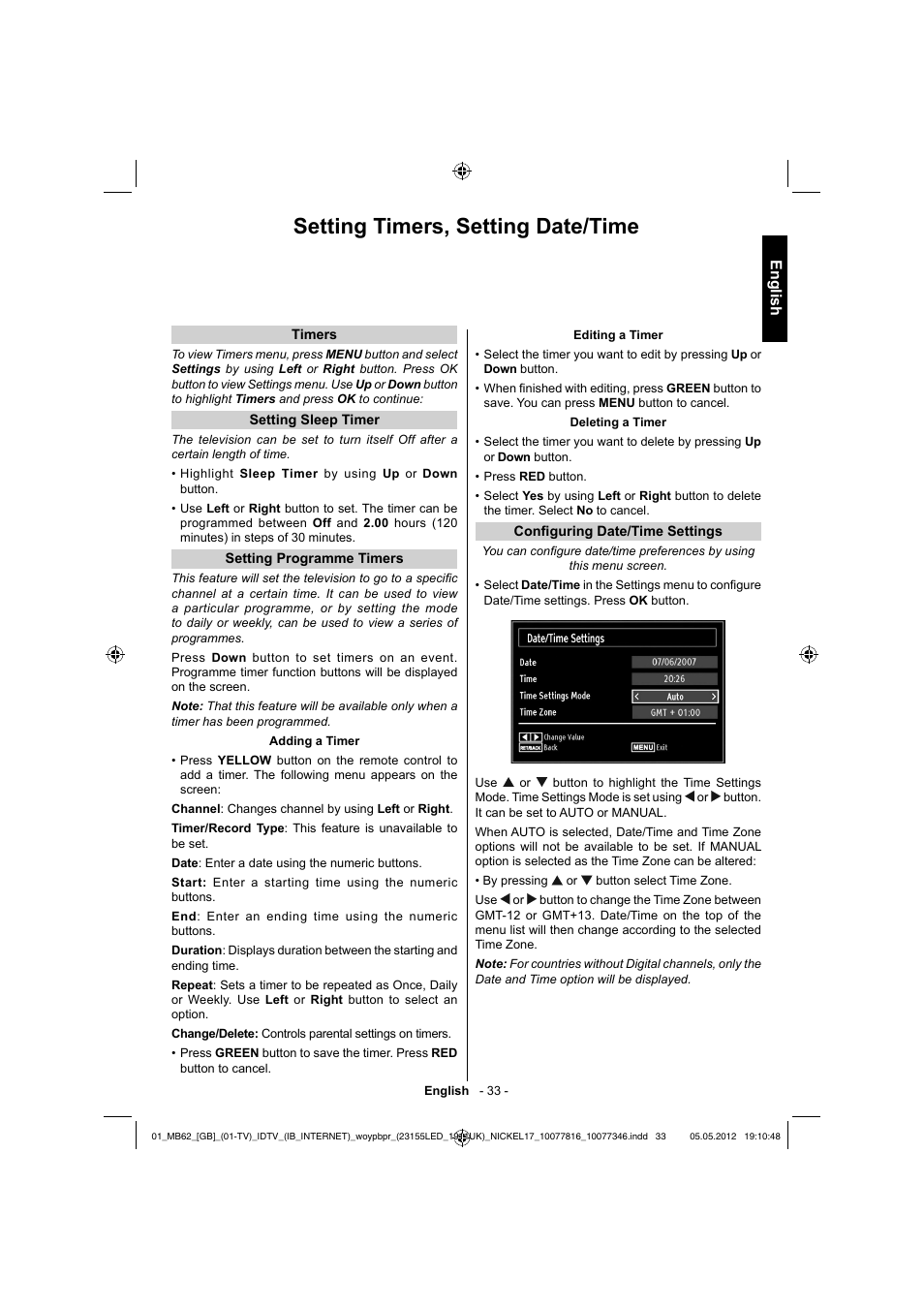 Setting timers, setting date/time, English | Toshiba DL934 User Manual | Page 34 / 59