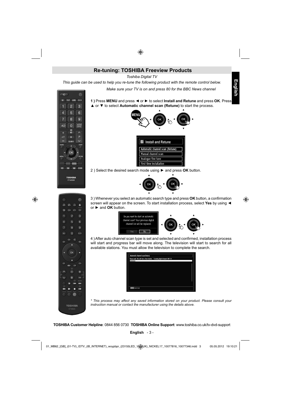 Re-tuning: toshiba freeview products, English | Toshiba DL934 User Manual | Page 4 / 59