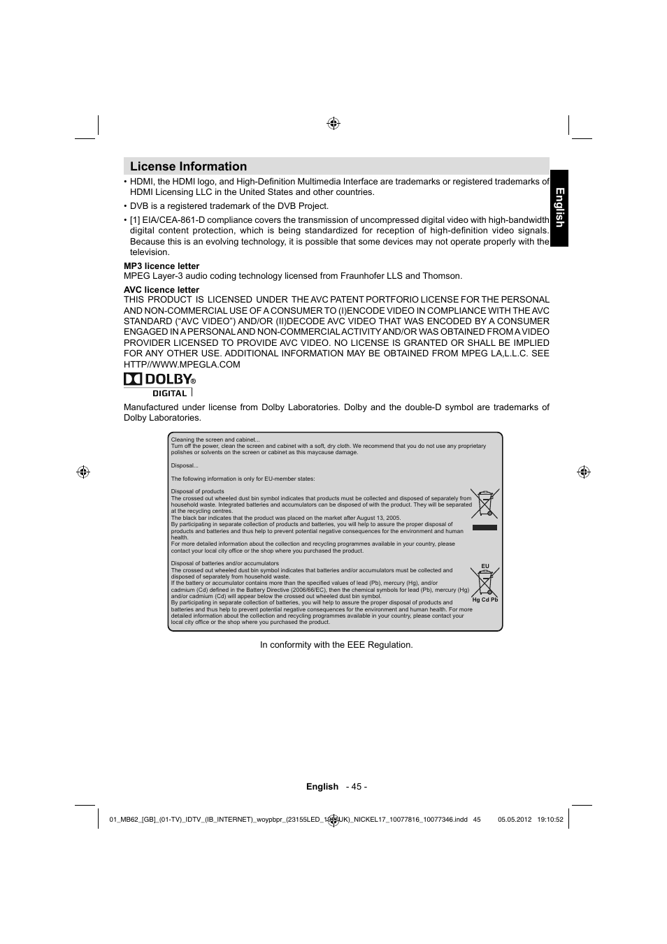 License information, English | Toshiba DL934 User Manual | Page 46 / 59