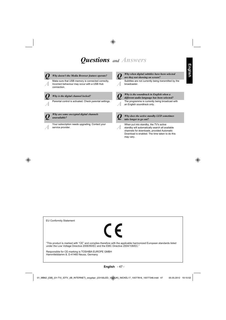 Questions, Answers | Toshiba DL934 User Manual | Page 48 / 59