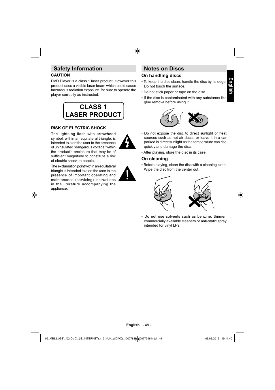 Class 1 laser product, Safety information | Toshiba DL934 User Manual | Page 50 / 59