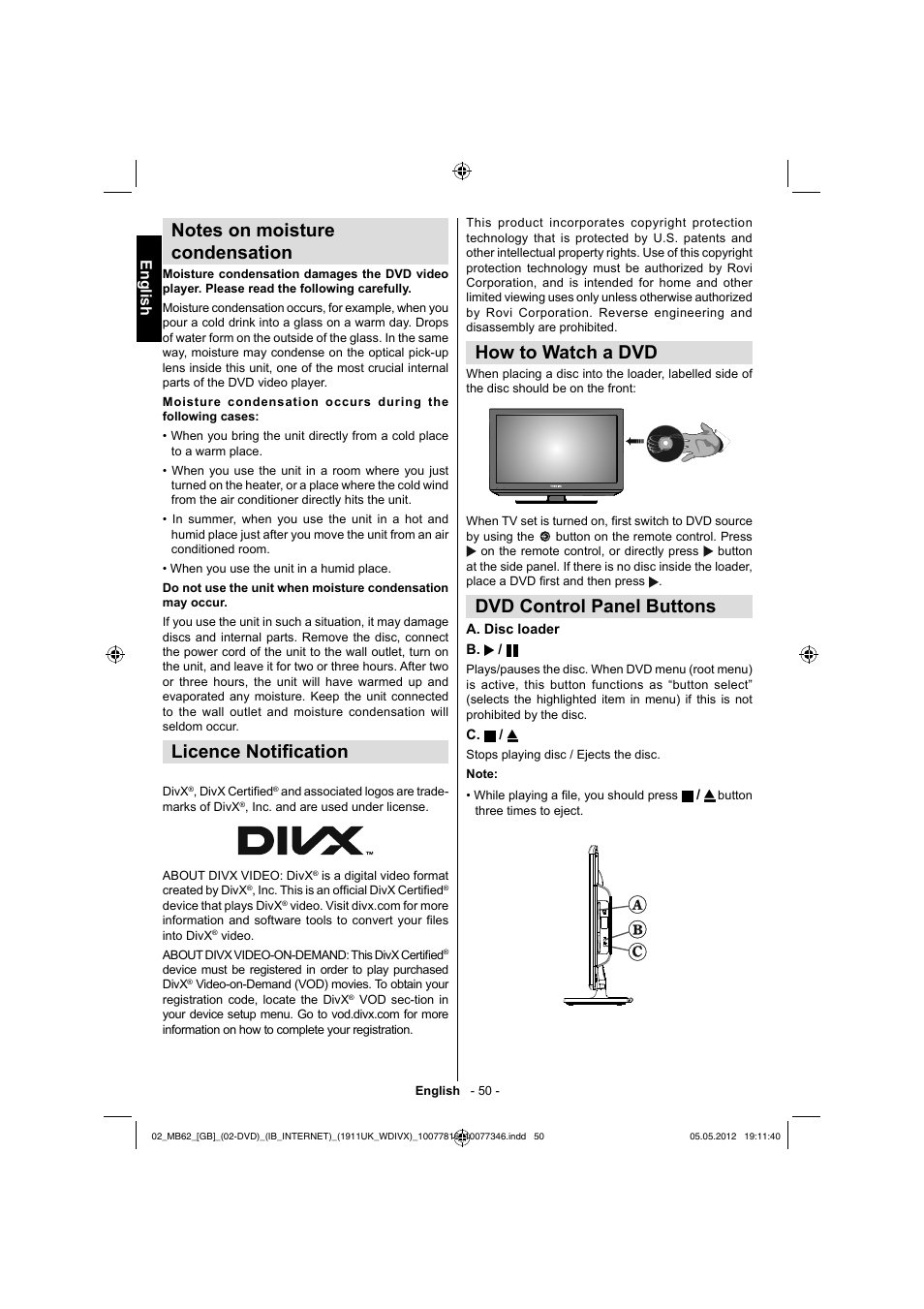 How to watch a dvd, Dvd control panel buttons, Licence notifi cation | English | Toshiba DL934 User Manual | Page 51 / 59