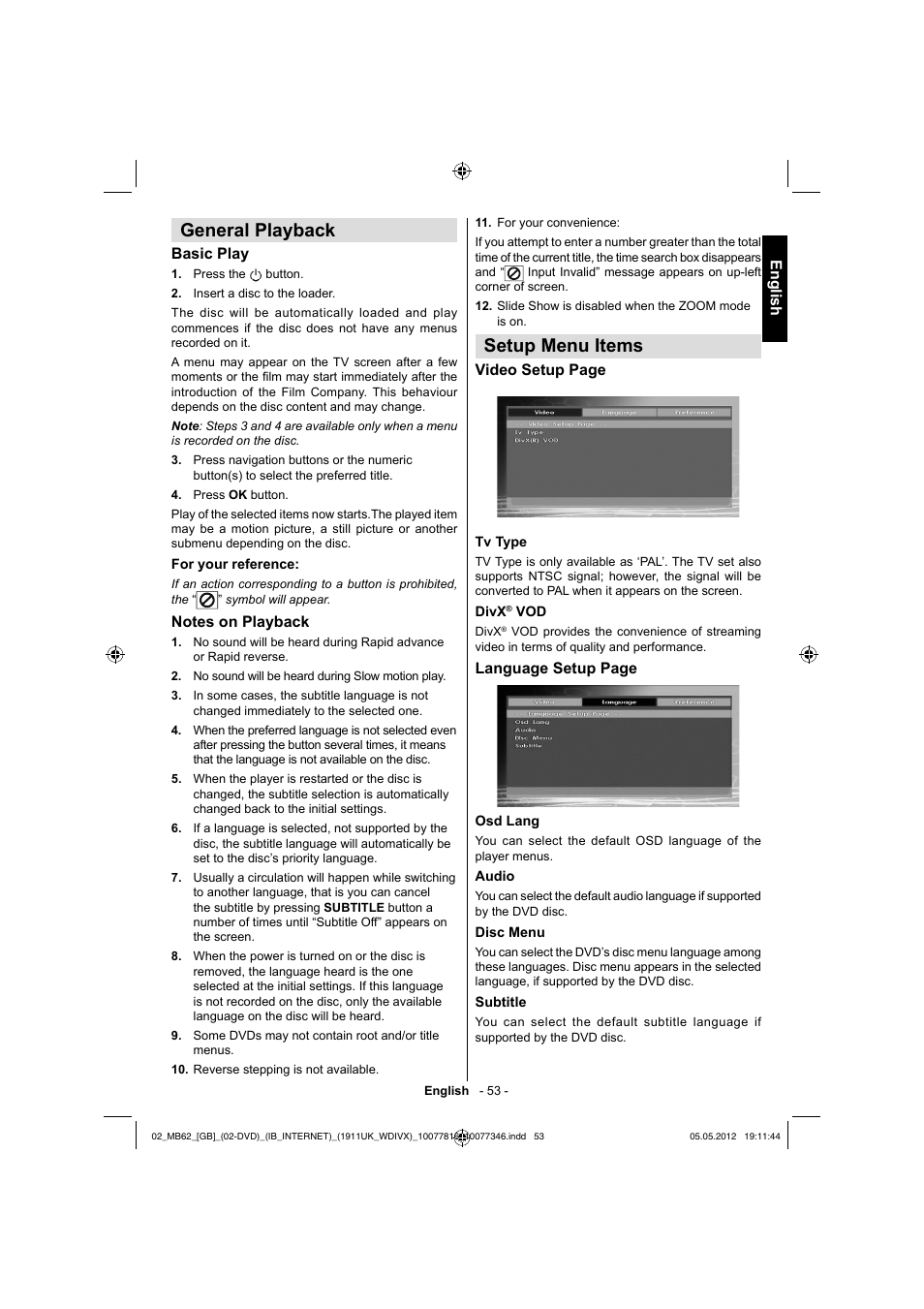 General playback, Setup menu items, English | Basic play, Video setup page, Language setup page | Toshiba DL934 User Manual | Page 54 / 59