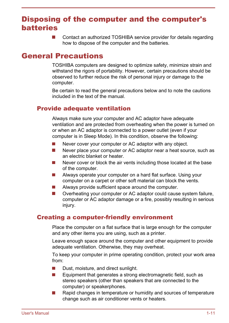 General precautions, Provide adequate ventilation, Creating a computer-friendly environment | Toshiba Satellite U840W User Manual | Page 15 / 119