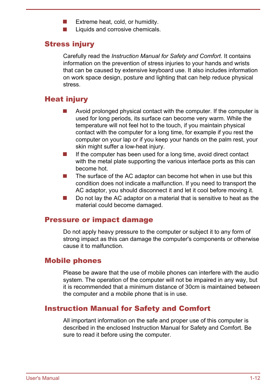 Stress injury, Heat injury, Pressure or impact damage | Mobile phones, Instruction manual for safety and comfort | Toshiba Satellite U840W User Manual | Page 16 / 119