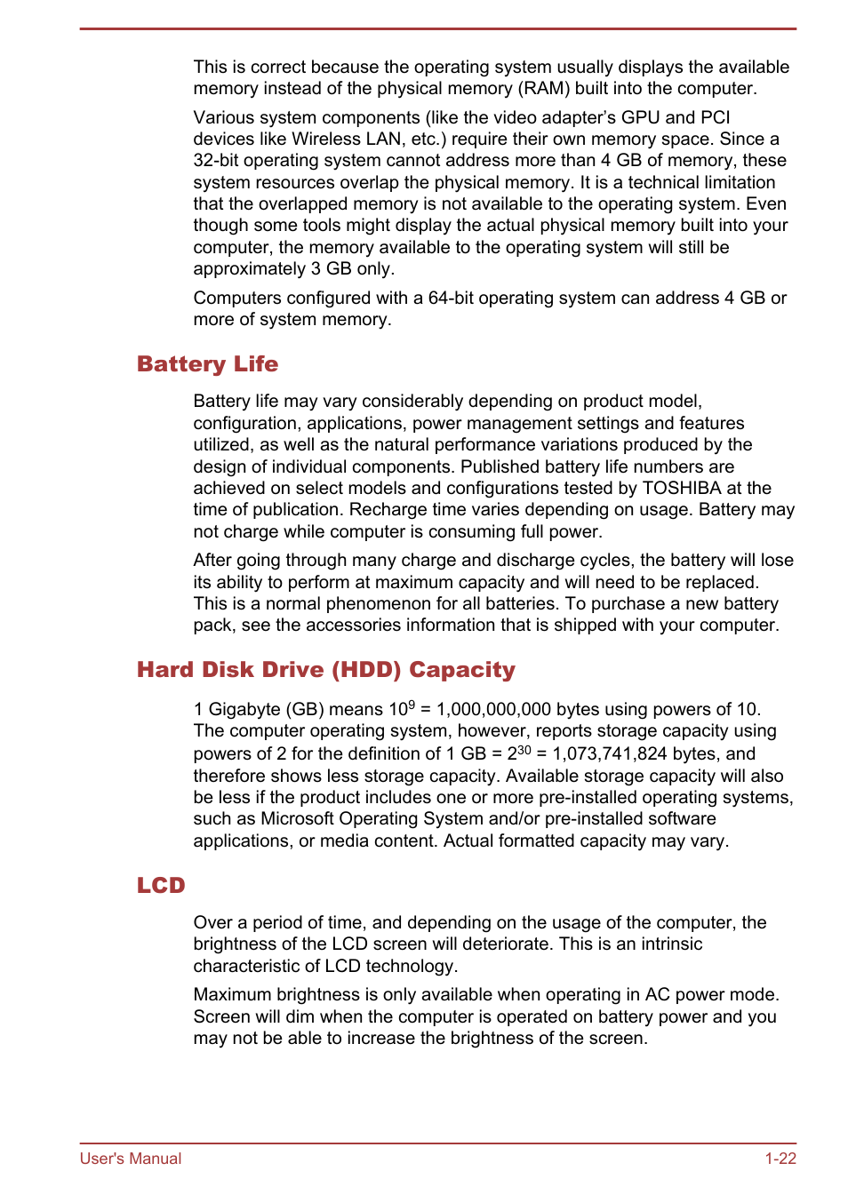 Battery life, Hard disk drive (hdd) capacity | Toshiba Satellite U840W User Manual | Page 26 / 119