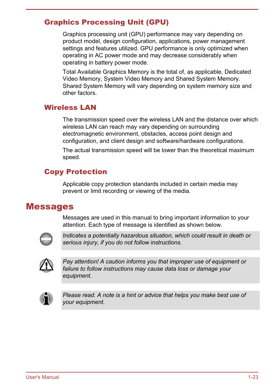 Graphics processing unit (gpu), Wireless lan, Copy protection | Messages, Messages -23 | Toshiba Satellite U840W User Manual | Page 27 / 119