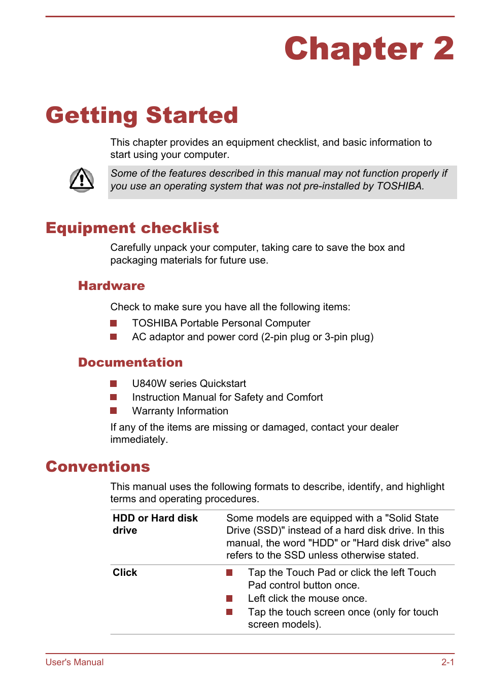 Chapter 2 getting started, Equipment checklist, Hardware | Documentation, Conventions, Chapter 2, Getting started, Equipment checklist -1 conventions -1 | Toshiba Satellite U840W User Manual | Page 28 / 119