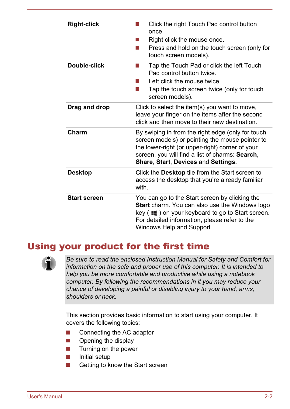 Using your product for the first time, Using your product for the first time -2 | Toshiba Satellite U840W User Manual | Page 29 / 119