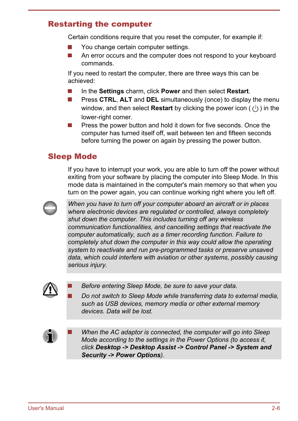 Restarting the computer, Sleep mode | Toshiba Satellite U840W User Manual | Page 35 / 119