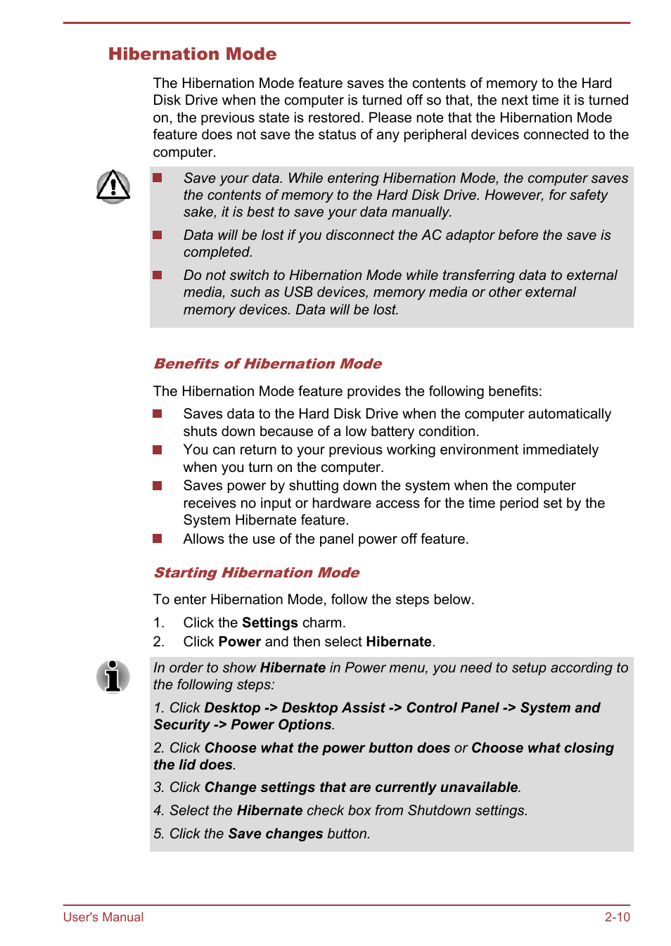 Hibernation mode | Toshiba Satellite U840W User Manual | Page 37 / 119