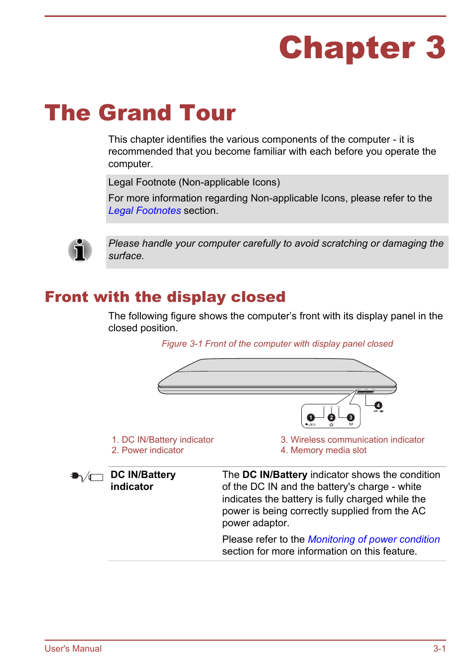 Chapter 3 the grand tour, Front with the display closed, Chapter 3 | The grand tour, Front with the display closed -1 | Toshiba Satellite U840W User Manual | Page 39 / 119