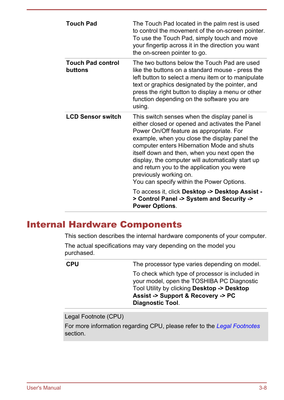 Internal hardware components, Internal hardware components -8 | Toshiba Satellite U840W User Manual | Page 46 / 119