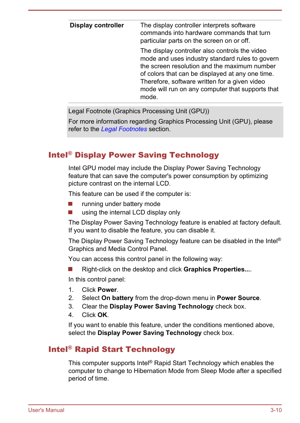 Intel® display power saving technology, Intel® rapid start technology, Intel | Display power saving technology, Rapid start technology | Toshiba Satellite U840W User Manual | Page 48 / 119