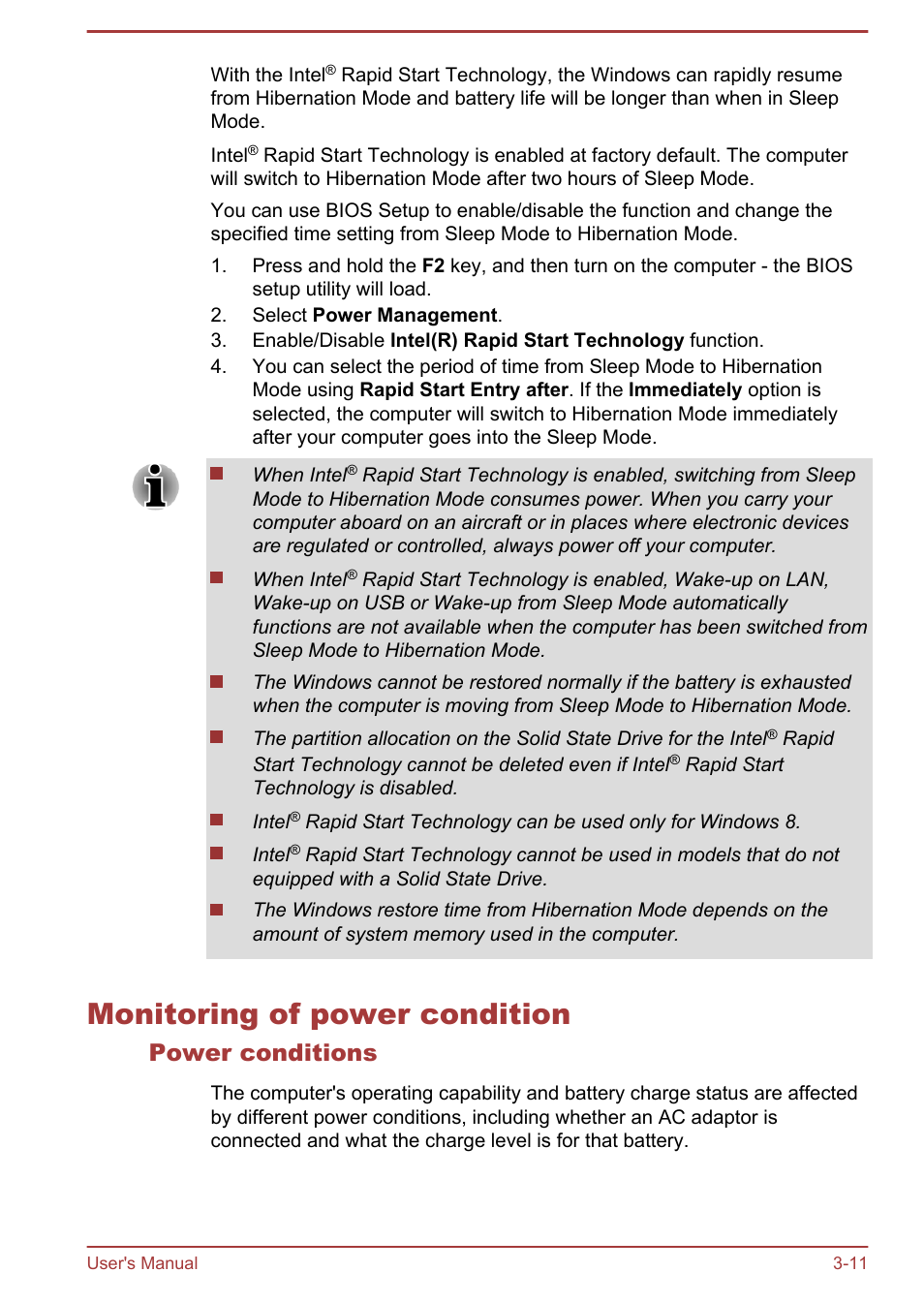 Monitoring of power condition, Power conditions, Monitoring of power condition -11 | Toshiba Satellite U840W User Manual | Page 49 / 119