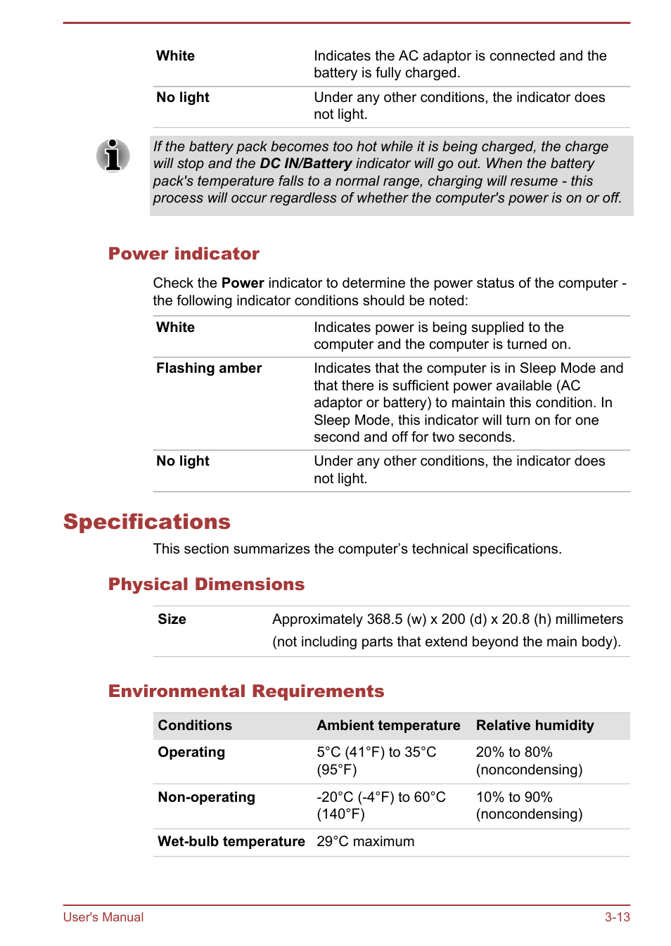 Power indicator, Specifications, Physical dimensions | Environmental requirements, Specifications -13 | Toshiba Satellite U840W User Manual | Page 51 / 119