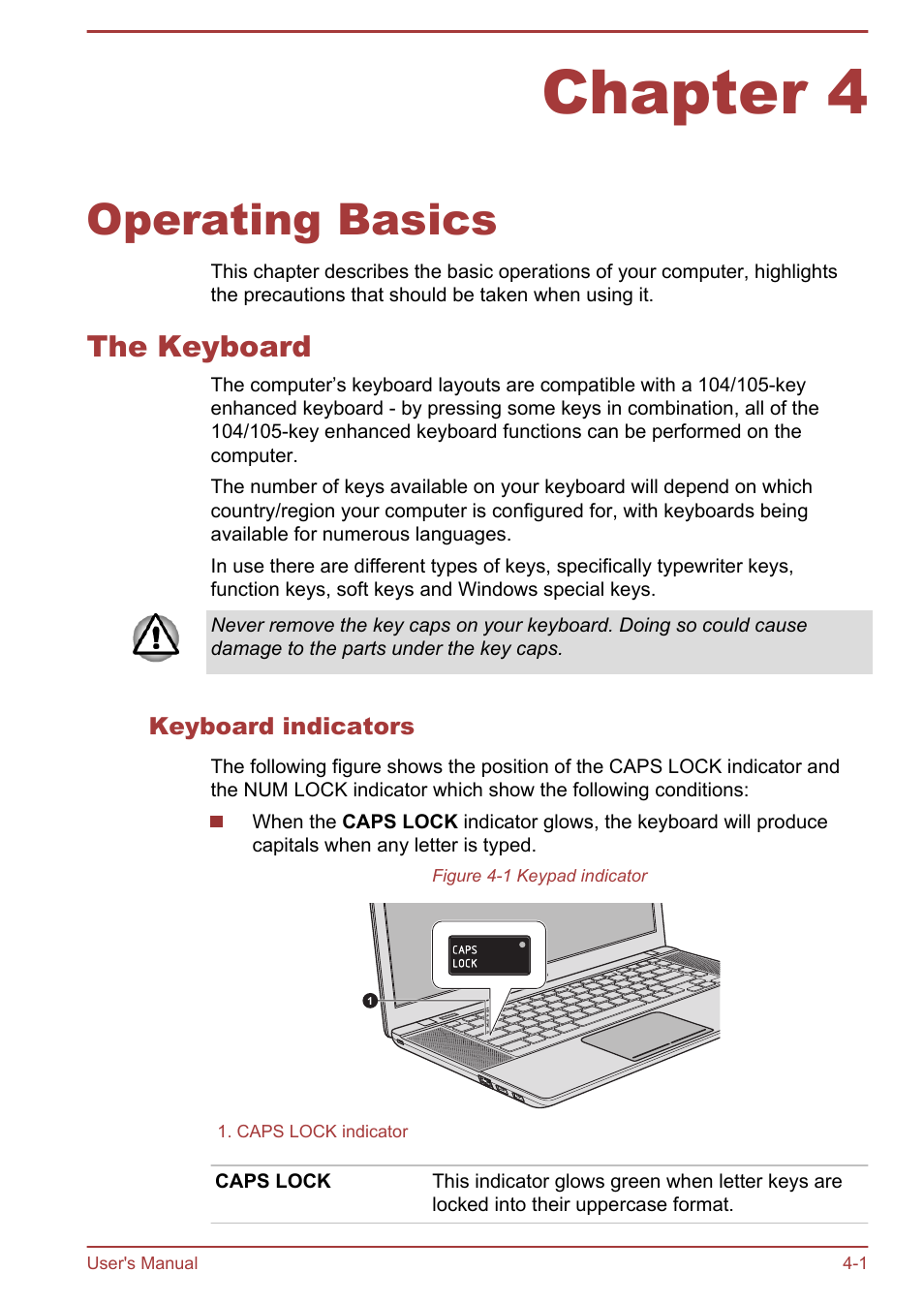 Chapter 4 operating basics, The keyboard, Keyboard indicators | Chapter 4, Operating basics, The keyboard -1 | Toshiba Satellite U840W User Manual | Page 54 / 119