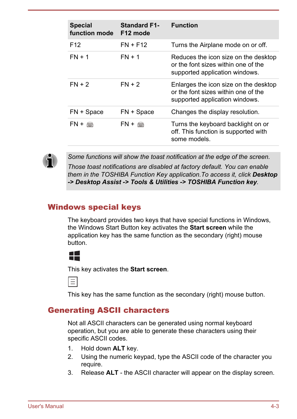 Windows special keys, Generating ascii characters | Toshiba Satellite U840W User Manual | Page 56 / 119