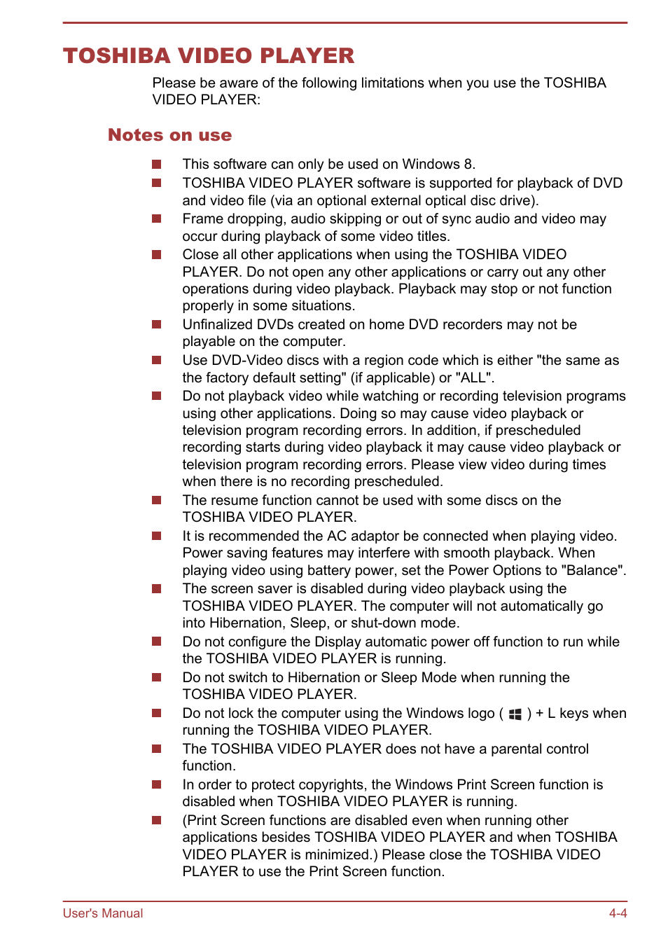 Toshiba video player, Notes on use, Toshiba video player -4 | Toshiba Satellite U840W User Manual | Page 57 / 119
