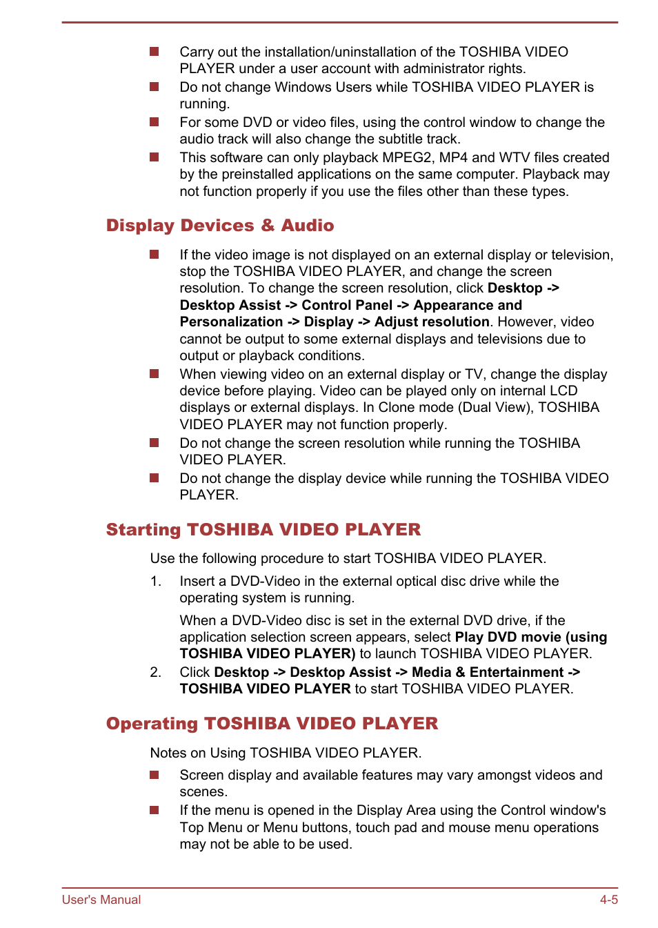 Display devices & audio, Starting toshiba video player, Operating toshiba video player | Toshiba Satellite U840W User Manual | Page 58 / 119