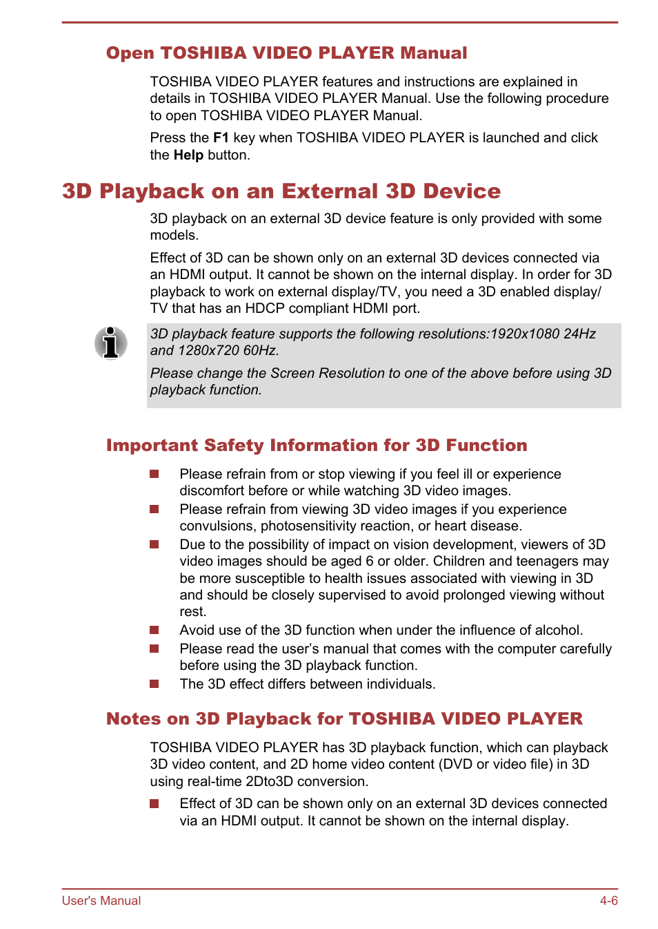 Open toshiba video player manual, 3d playback on an external 3d device, Important safety information for 3d function | Notes on 3d playback for toshiba video player, 3d playback on an external 3d device -6 | Toshiba Satellite U840W User Manual | Page 59 / 119