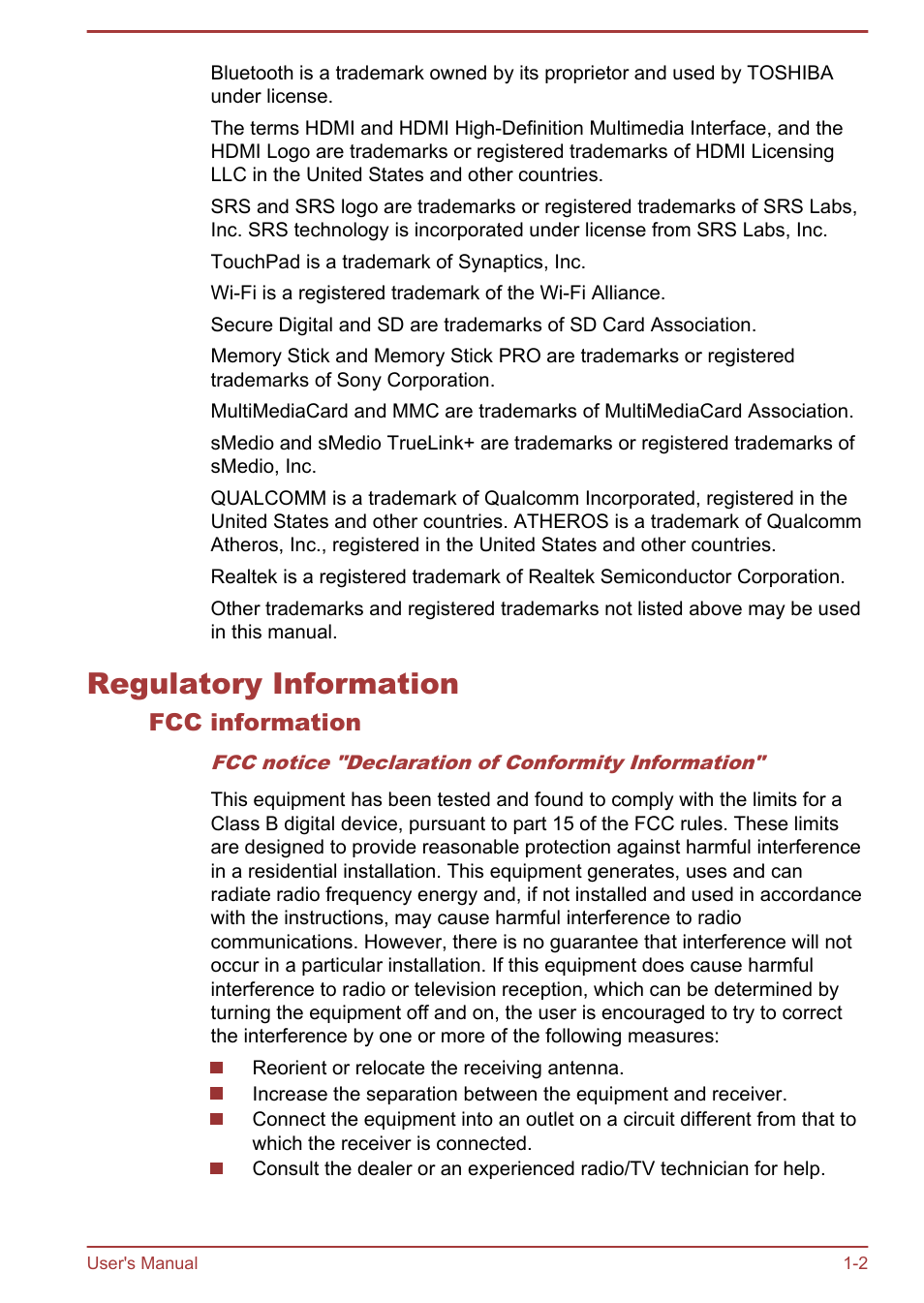 Regulatory information, Fcc information, Regulatory information -2 | Toshiba Satellite U840W User Manual | Page 6 / 119