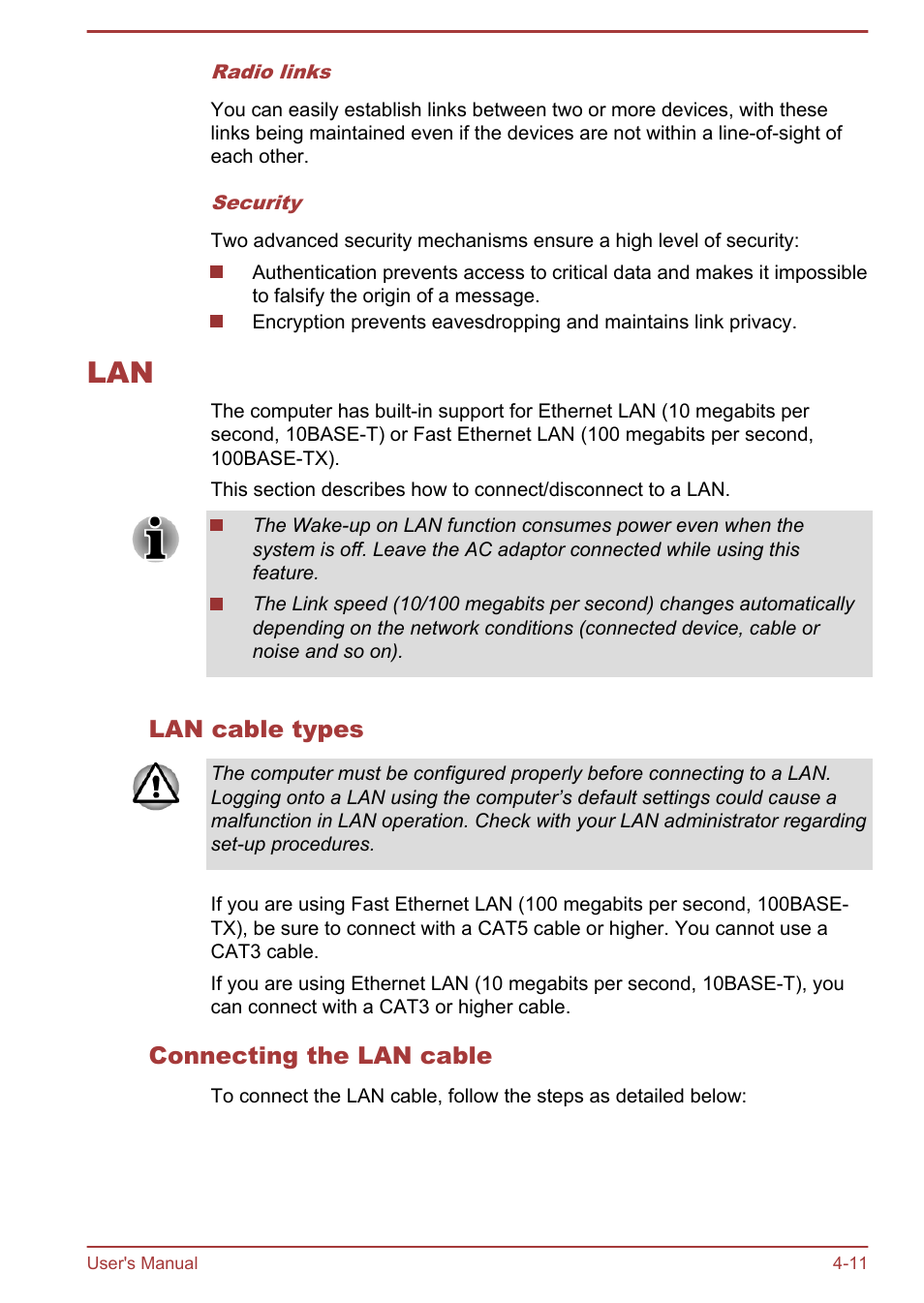 Lan cable types, Connecting the lan cable, Lan -11 | Toshiba Satellite U840W User Manual | Page 64 / 119