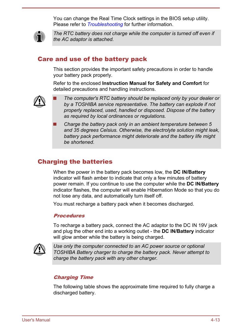 Care and use of the battery pack, Charging the batteries | Toshiba Satellite U840W User Manual | Page 66 / 119