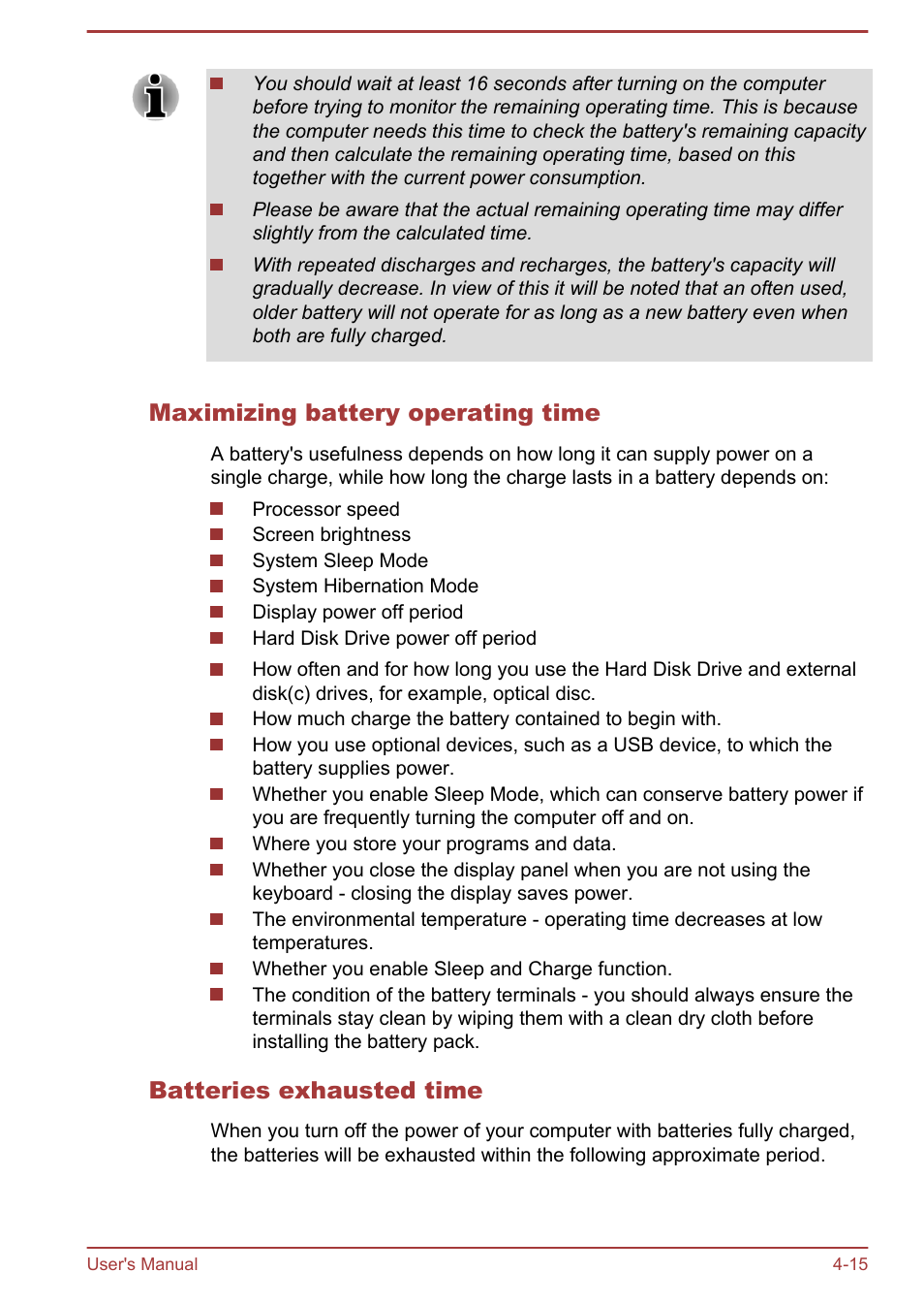 Maximizing battery operating time, Batteries exhausted time | Toshiba Satellite U840W User Manual | Page 68 / 119