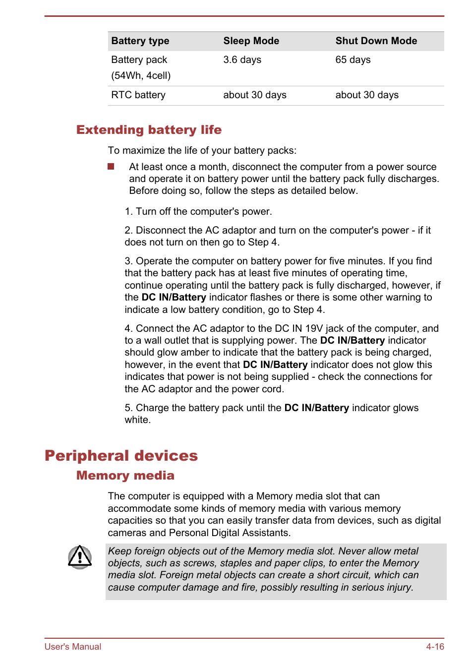 Extending battery life, Peripheral devices, Memory media | Peripheral devices -16 | Toshiba Satellite U840W User Manual | Page 69 / 119