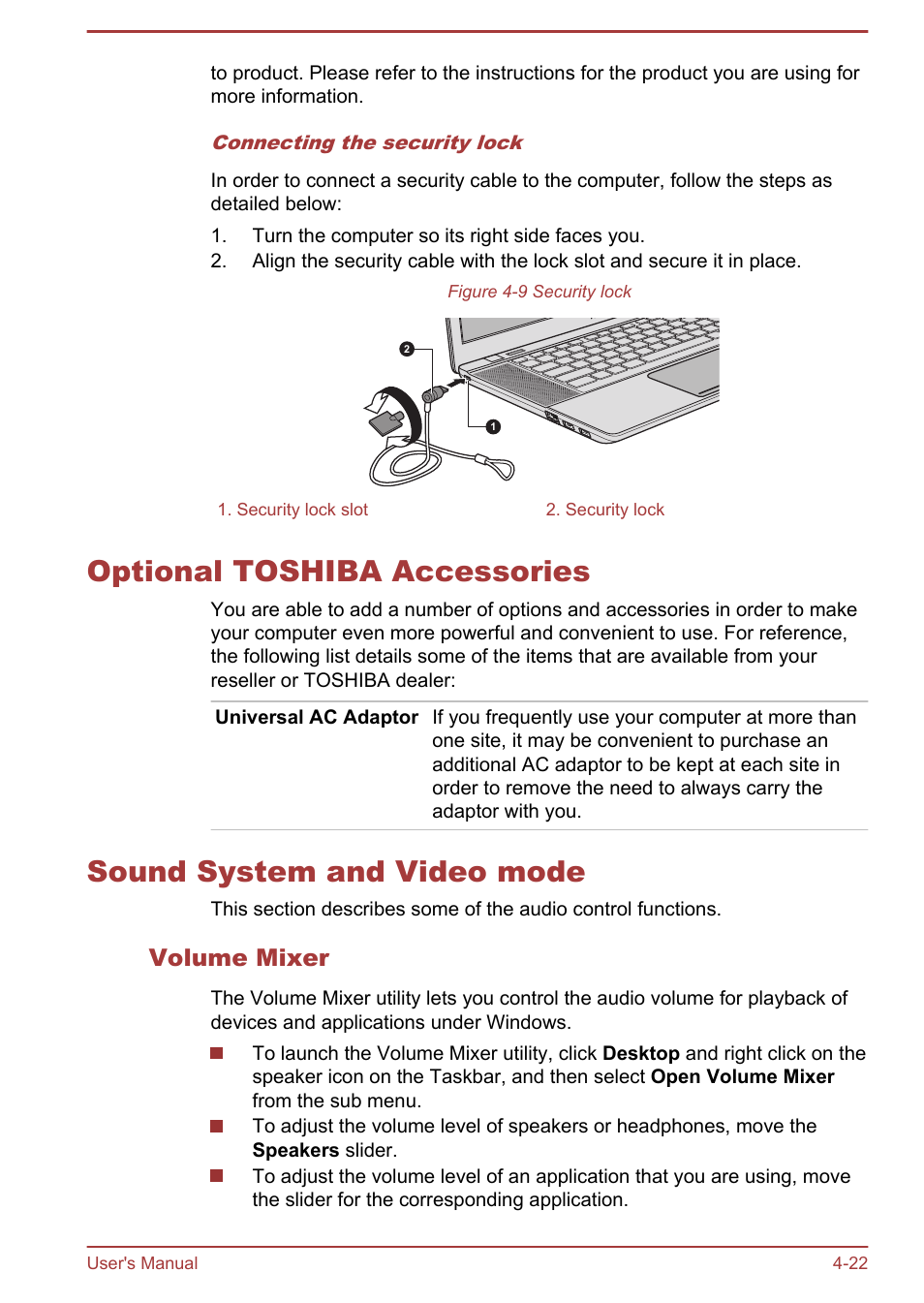 Optional toshiba accessories, Sound system and video mode, Volume mixer | To the | Toshiba Satellite U840W User Manual | Page 75 / 119