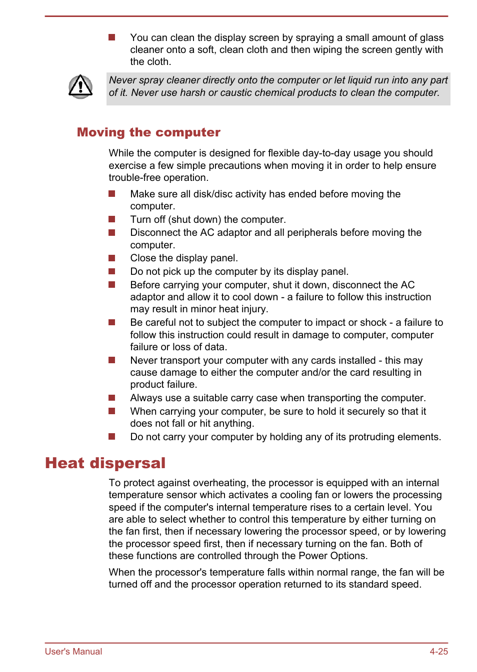 Moving the computer, Heat dispersal, Heat dispersal -25 | Toshiba Satellite U840W User Manual | Page 78 / 119