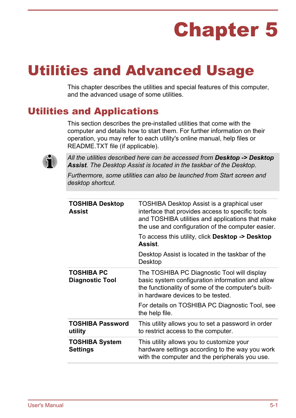 Chapter 5 utilities and advanced usage, Utilities and applications, Chapter 5 | Utilities and advanced usage, Utilities and applications -1 | Toshiba Satellite U840W User Manual | Page 80 / 119