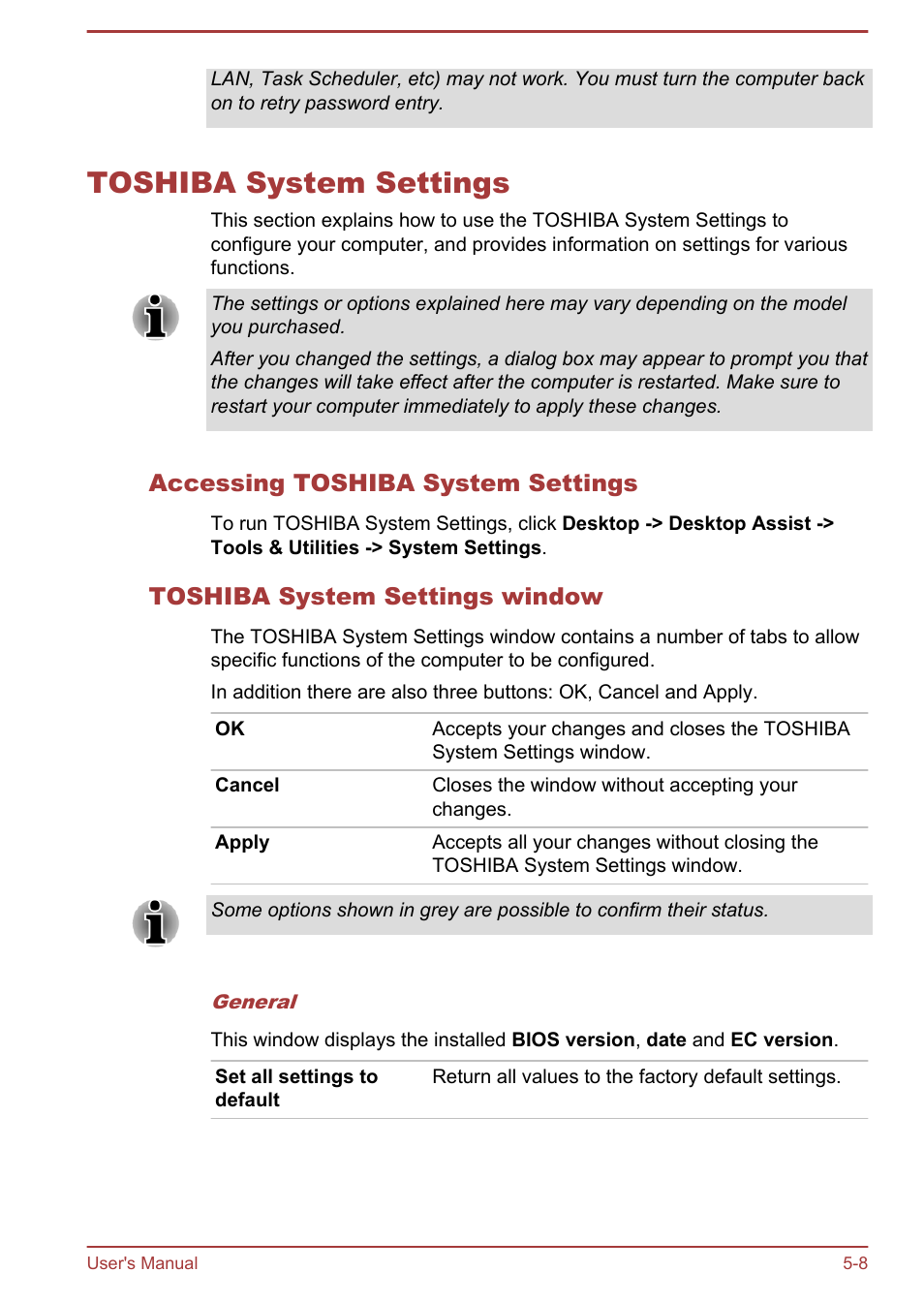Toshiba system settings, Accessing toshiba system settings, Toshiba system settings window | Toshiba system settings -8, Toshiba, System settings, Section | Toshiba Satellite U840W User Manual | Page 87 / 119